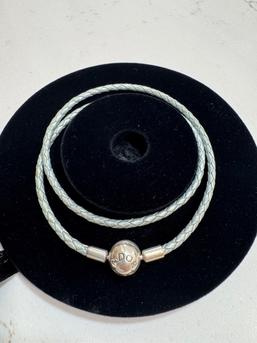 PANDORA Light Blue Leather Bracelet c/ SS 925 Clasp 16" Double Bracelet preowned